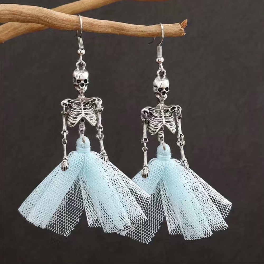 Silver Skeleton Blue Tule Skirt Earrings